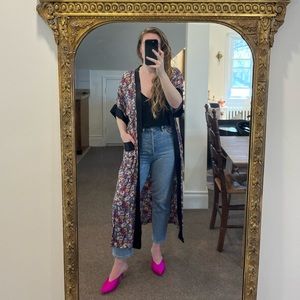 1920s silk crepe robe / floral dressing gown / duster coat  /  dress size ML